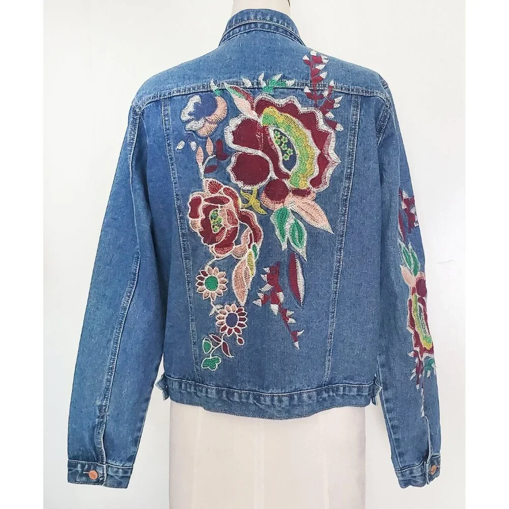 Glamorous Womens Denim Jean Jacket with Floral Embroidery 14